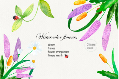 Watercolor Wildflowers Clipart Wreath Pattern