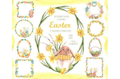 Easter watercolor clipart, wreath, frame, border. Happy Easter print
