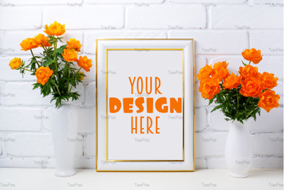 Gold decorated white frame mockup with two globeflowers vase.