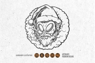 Monochrome Santa head alien cannabis smoking