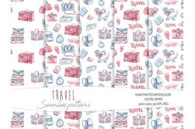 Watercolor travel seamless patterns / digital paper - 5 JPEG