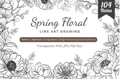 Spring Floral Line Art Drawing