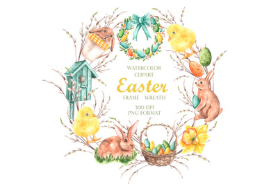 Happy Easter watercolor wreath, frame. Easter clipart. Easter bunny.