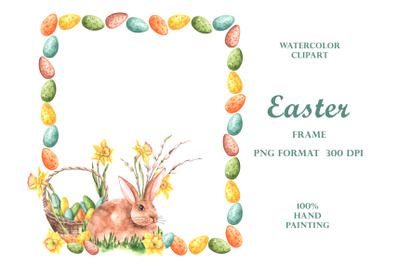 Easter Bunny watercolor frame. Easter clipart. Easter bunny, egg.