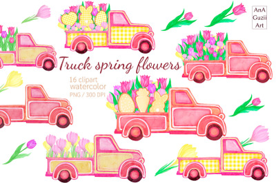 Watercolor truck clipart, Truck spring flowers, Easter clip art, PNG