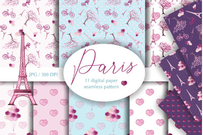 Watercolor Paris, Digital Papers, Heart, Seamless pattern