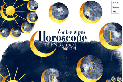 Watercolor Moon Zodiac Signs Clipart