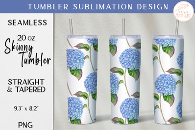 Watercolor Floral Tumbler Wrap. Blue Hydrangea Skinny Tumbler PNG