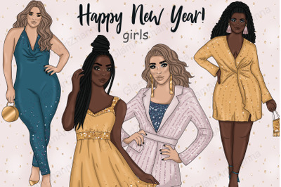 Happy New Year Gold Girls Clipart