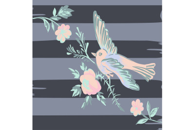 Drawing bird flying with flower roses tropical vintage print, seamless