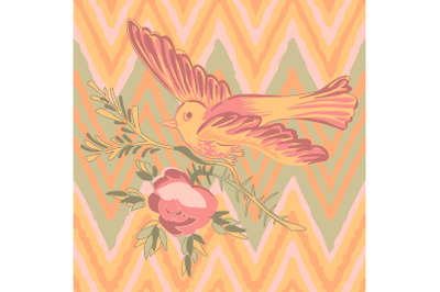 Drawing bird flying with flower roses tropical vintage print, seamless