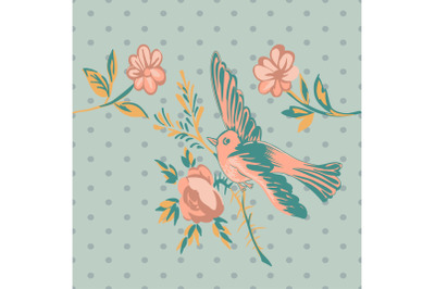 Drawing bird flying with flower roses tropical vintage print, seamless