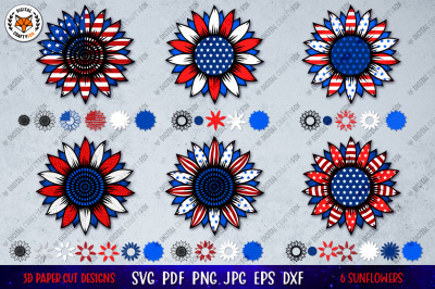 3D Sunflower 4th of July SVG ,Patriotic Sunflower Paper Cut