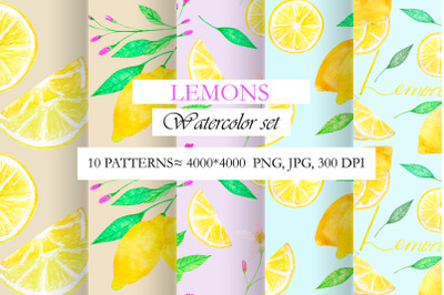 Watercolor Lemons seamless patterns