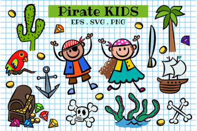 Pirate Kids Vector Doodle Clipart Set