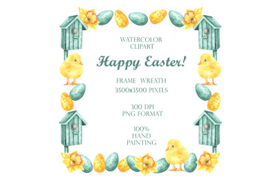 Easter frame, border.  Easter watercolor clipart. Happy Easter card.