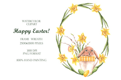 Easter wreath (frame, border). Happy Easter watercolor clipart.