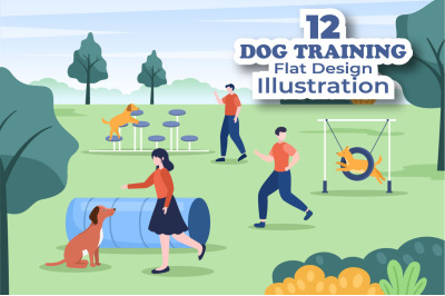 12 Dogs Training Center Flat Design Illustration