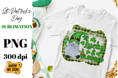 St. Patrick&#039;s Day Gnome sublimation design. Lucky &amp; Blessed