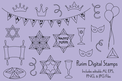 Purim Digital Stamps Clipart Illustrations