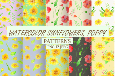 Watercolor Sunflowers Poppy seamless patterns