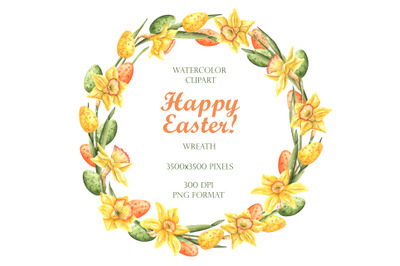 Easter wreath. Easter watercolor clipart. Daffodils, Easter eggs.