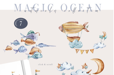 Watercolor cute sea animal clipart set - 7 png files