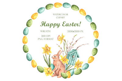 Happy Easter watercolor wreath, clipart. Easter Bunny. Spring.