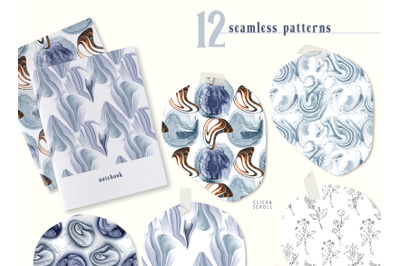 Line art flowers &amp; alcohol ink shapes - 12 seamless patterns