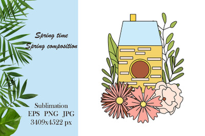 Spring time illustration - house composition sublimation