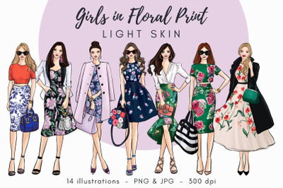 Girls in Floral Print - Light skin Watercolor Fashion Clipart