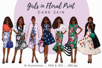 Girls in Floral Print - Dark skin Watercolor Fashion Clipart