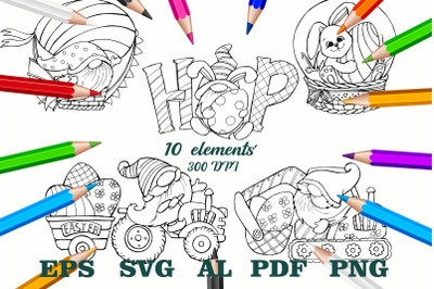 book happy Easter. gnomes clipart, line art gnome PNG, Coloring Sketch