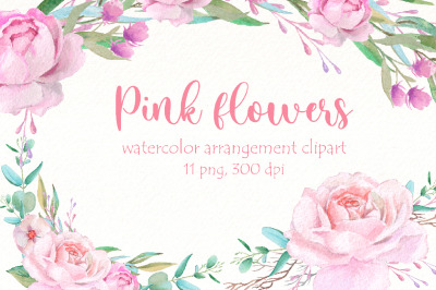 Watercolor roses clipart, Pink flowers bouquet png clip art.