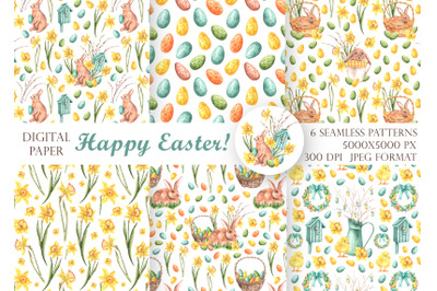 Happy Easter watercolor digital paper, seamless pattern. Easter Bunny