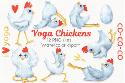 Cute chickens in yoga poses clipart