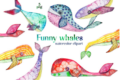 Funny whales, watercolor clipart