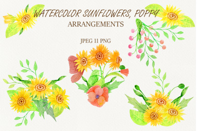 Watercolor arrangements sunflowers poppy