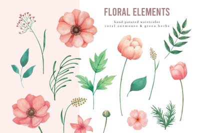 Coral Anemones and Green Herbs Watercolor Elements