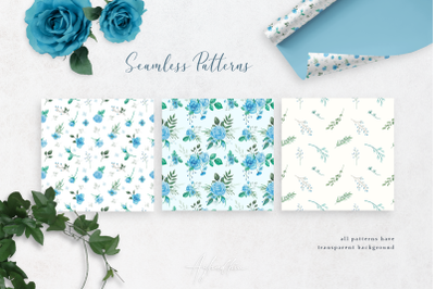 Blue Roses and Green Herbs Seamless Pattern