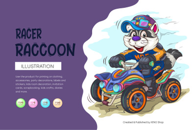 Cartoon Raccoon Racer. T-Shirt, PNG, SVG.