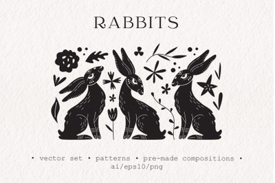 Rabbits. Linocut vector collection