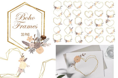 Boho gold floral frame clipart, Flowers, ornament, 30 PNG