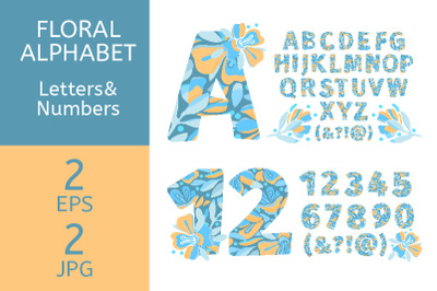 Floral alphabet. Blue and yellow.