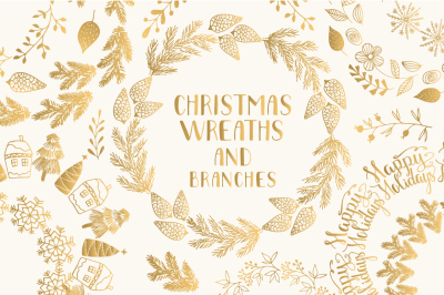 Golden Christmas wreaths and branches