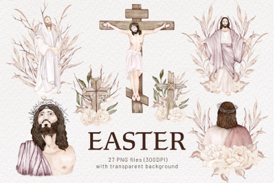 Easter Clipart Jesus Floral Cross Sublimation Religious Easter Illu