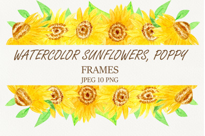 Watercolor wreath frame sunflowers poppy
