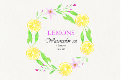 Watercolor lemons frames wreaths