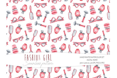 Watercolor fashion seamless pattern on white background