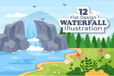 12 Waterfall Landscape Flat Design Illustration